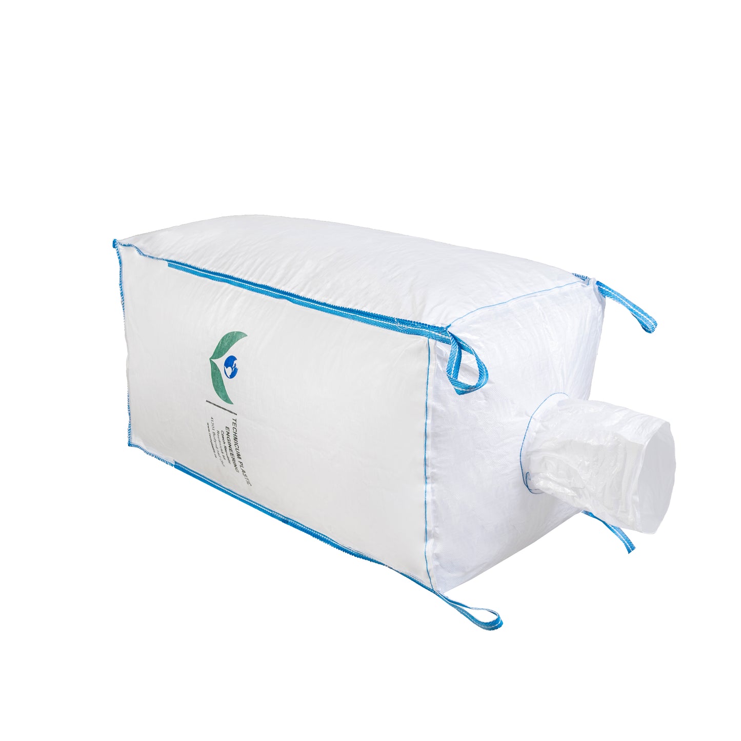 Velkoobjemový vak Big Bag: 90 x 90 x 200cm, vrch násypný rukáv, dno výsypný rukáv, z odolného polypropylenového materiálu s modrým lemováním a uchy pro snadnou manipulaci.