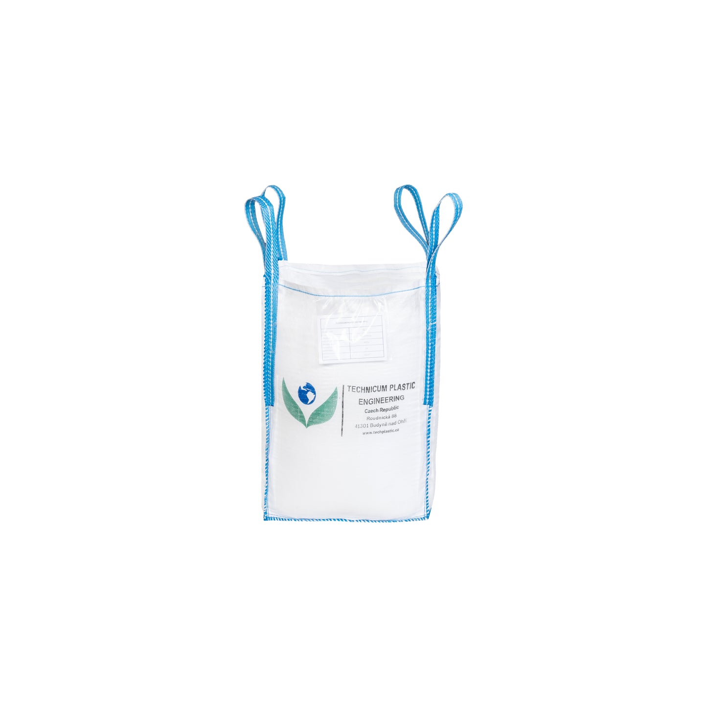 Velkoobjemový vak Big Bag 55 x 55 x 75cm, otevřený s rovným dnem, z odolného polypropylenového materiálu s modrými popruhy pro snadnou manipulaci a přepravu.