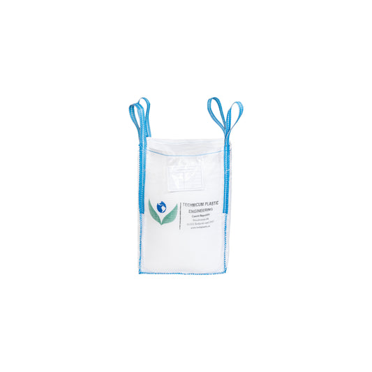 Velkoobjemový vak Big Bag 55 x 55 x 75cm, otevřený s rovným dnem, z odolného polypropylenového materiálu s modrými popruhy pro snadnou manipulaci a přepravu.