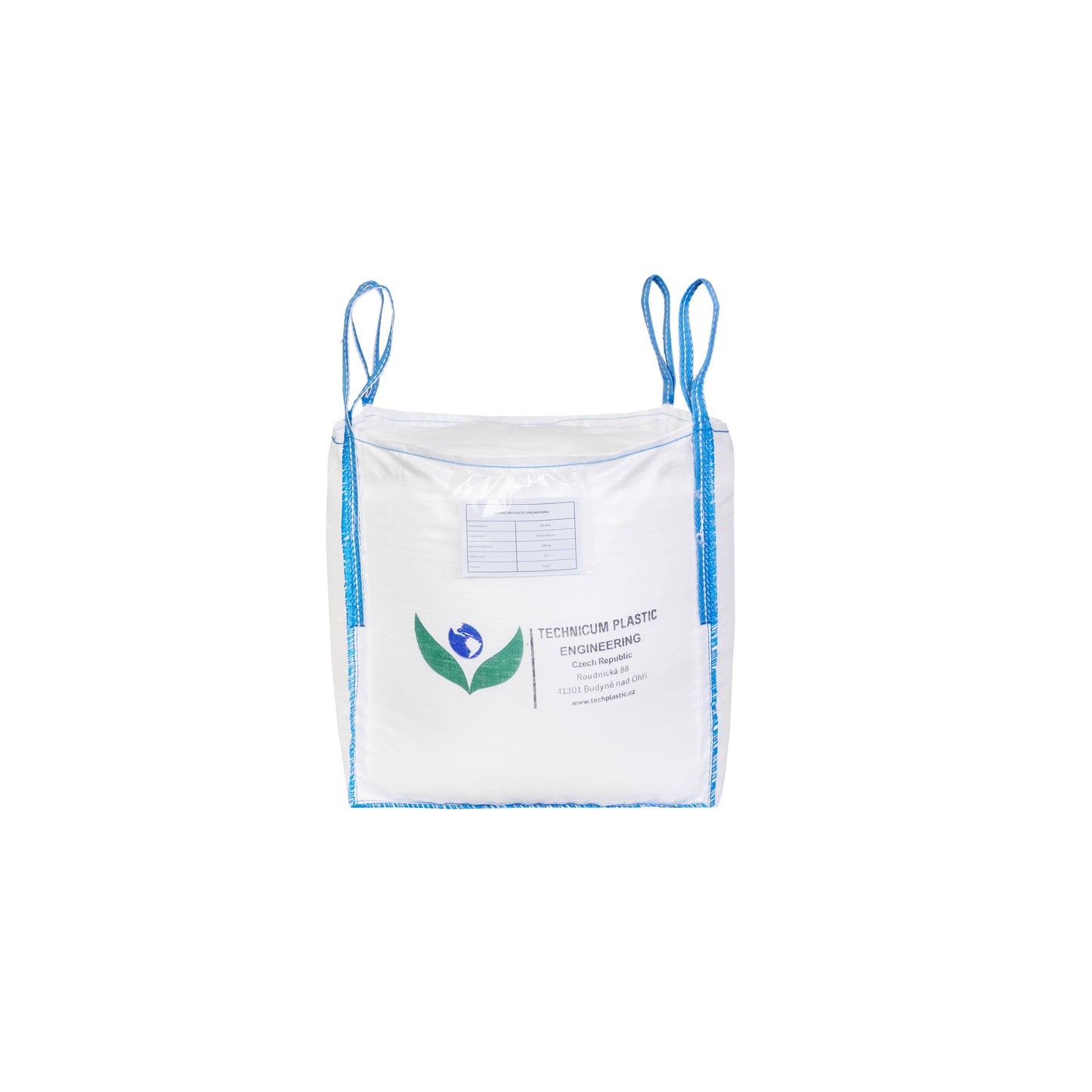 Velkoobjemový vak Big Bag 60 x 60 x 60cm, otevřený rovné dno s modrými výztužnými popruhy a logem Technicum Plastic Engineering na bílém materiálu.