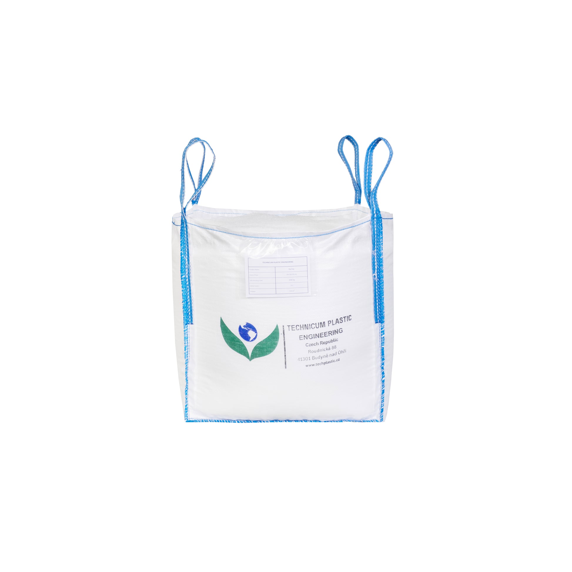Velkoobjemový vak Big Bag 70 x 70 x 70cm, otevřený s rovným dnem, bílý s modrými polypropylenovými popruhy vhodný pro skladování a přepravu materiálů.