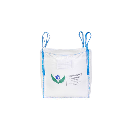 Velkoobjemový vak Big Bag 70 x 70 x 70cm, otevřený s rovným dnem, bílý s modrými polypropylenovými popruhy vhodný pro skladování a přepravu materiálů.