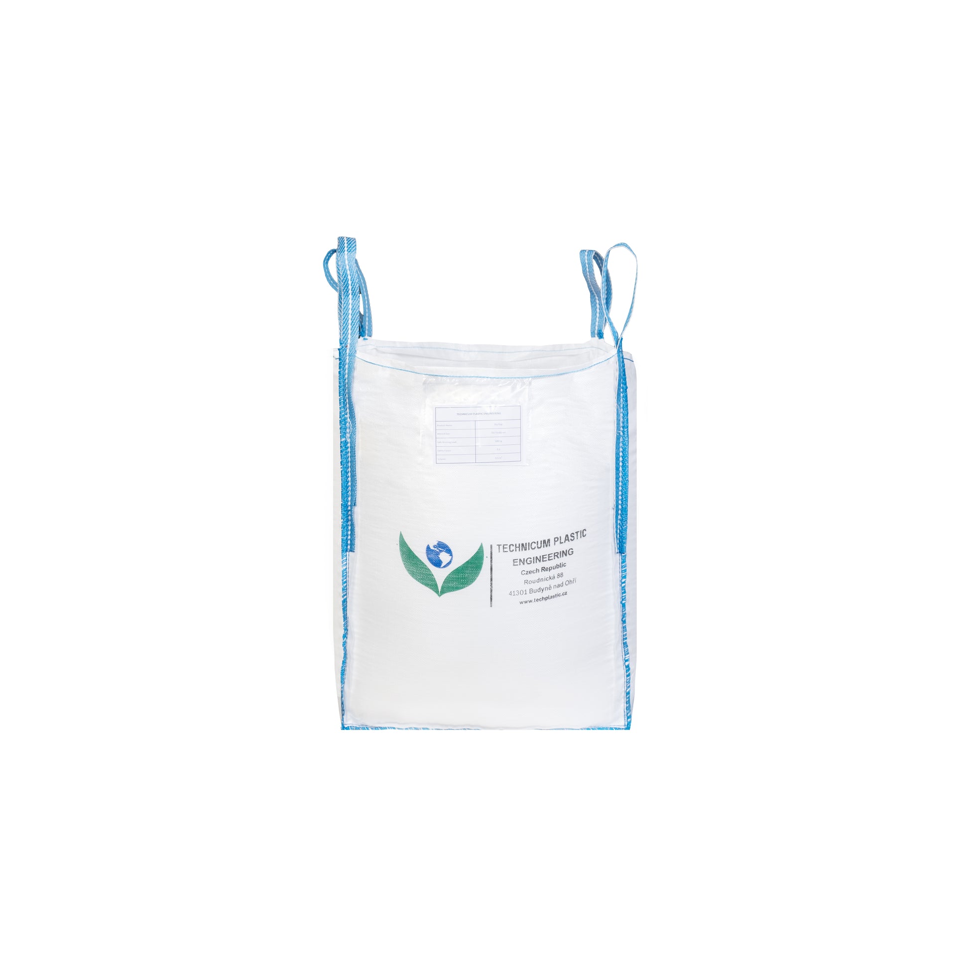 Velkoobjemový vak Big Bag 70 x 70 x 80cm, otevřený s rovným dnem, bílý s modrými popruhy a logem Technicum Plastic Engineering, určený pro skladování a transport.