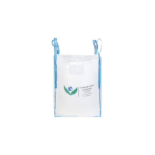 Velkoobjemový vak Big Bag 70 x 70 x 80cm, otevřený s rovným dnem, bílý s modrými popruhy a logem Technicum Plastic Engineering, určený pro skladování a transport.