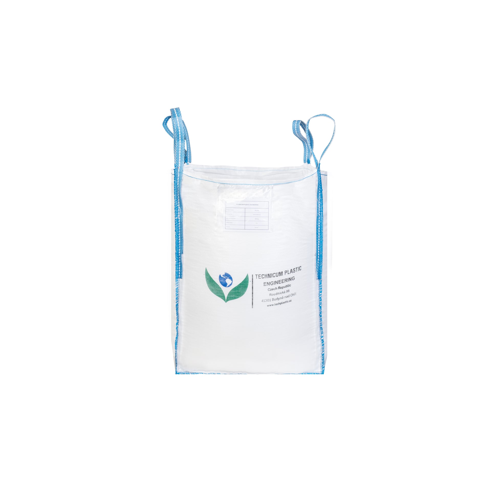 Velkoobjemový vak Big Bag 70 x 70 x 90cm, otevřený s rovným dnem, vyrobený z pevného polypropylenového materiálu s modrými popruhy pro snadnou manipulaci a přepravu.