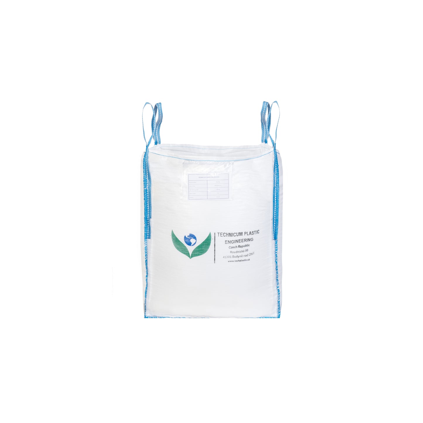 Velkoobjemový vak Big Bag: 80 x 80 x 90cm, vrch násypný ventil (rukáv), dno rovné, bez výsypu, vyrobený z odolného polypropylenového materiálu s modrými popruhy pro snadnou manipulaci.