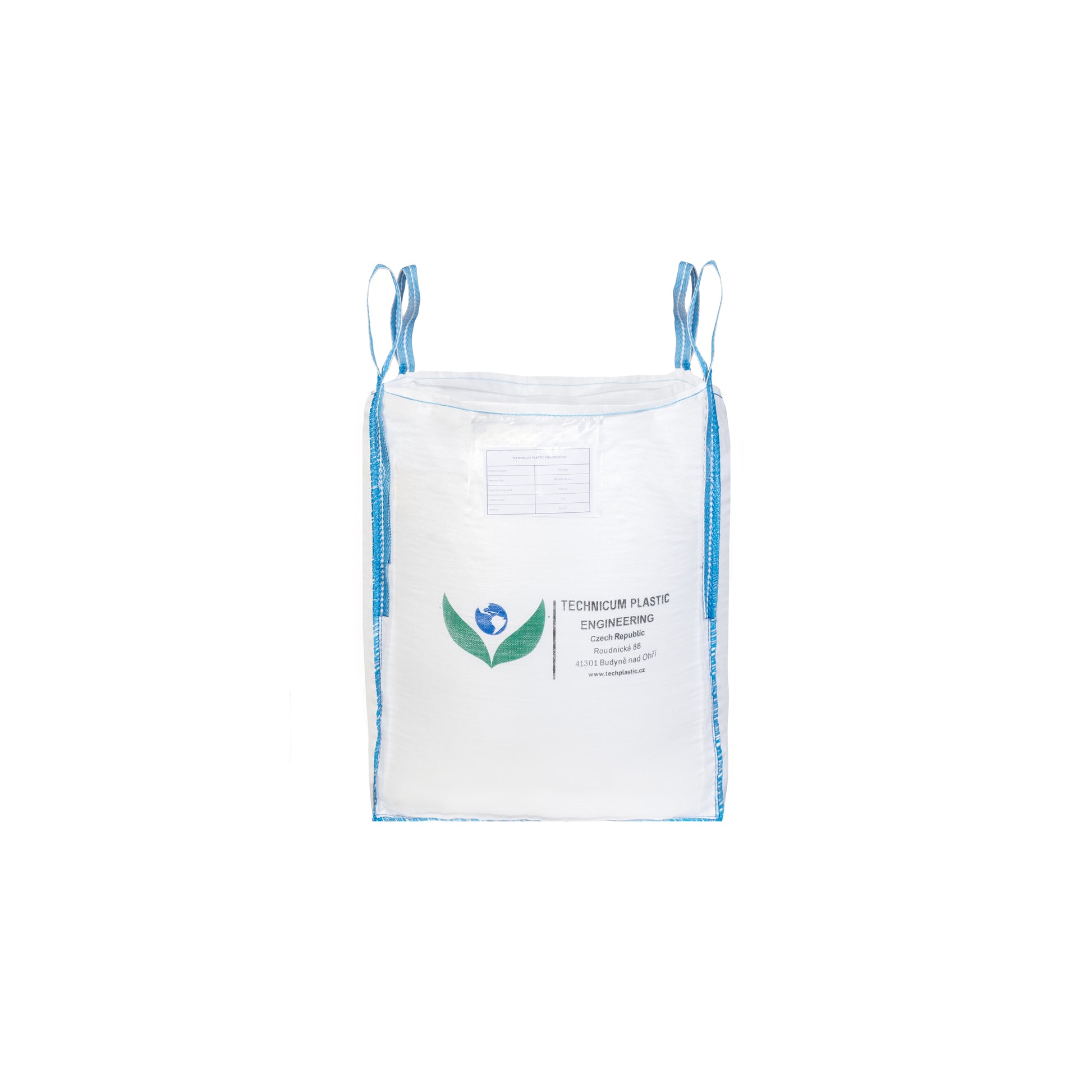 Velkoobjemový vak Big Bag: 80 x 80 x 90cm, vrch násypný ventil (rukáv), dno rovné, bez výsypu, vyrobený z odolného polypropylenového materiálu s modrými popruhy pro snadnou manipulaci.
