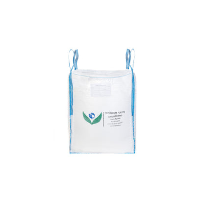 Velkoobjemový vak Big Bag: 80 x 80 x 90cm, vrch násypný ventil (rukáv), dno rovné, bez výsypu, vyrobený z odolného polypropylenového materiálu s modrými popruhy pro snadnou manipulaci.