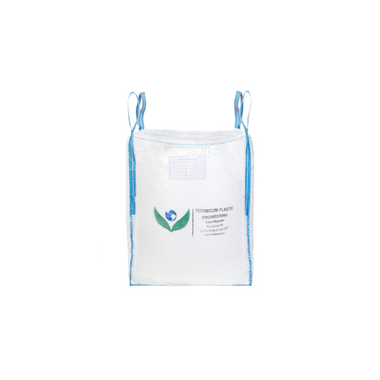 Velkoobjemový vak Big Bag: 80 x 80 x 90cm, vrch násypný ventil (rukáv), dno rovné, bez výsypu, vyrobený z odolného polypropylenového materiálu s modrými popruhy pro snadnou manipulaci.