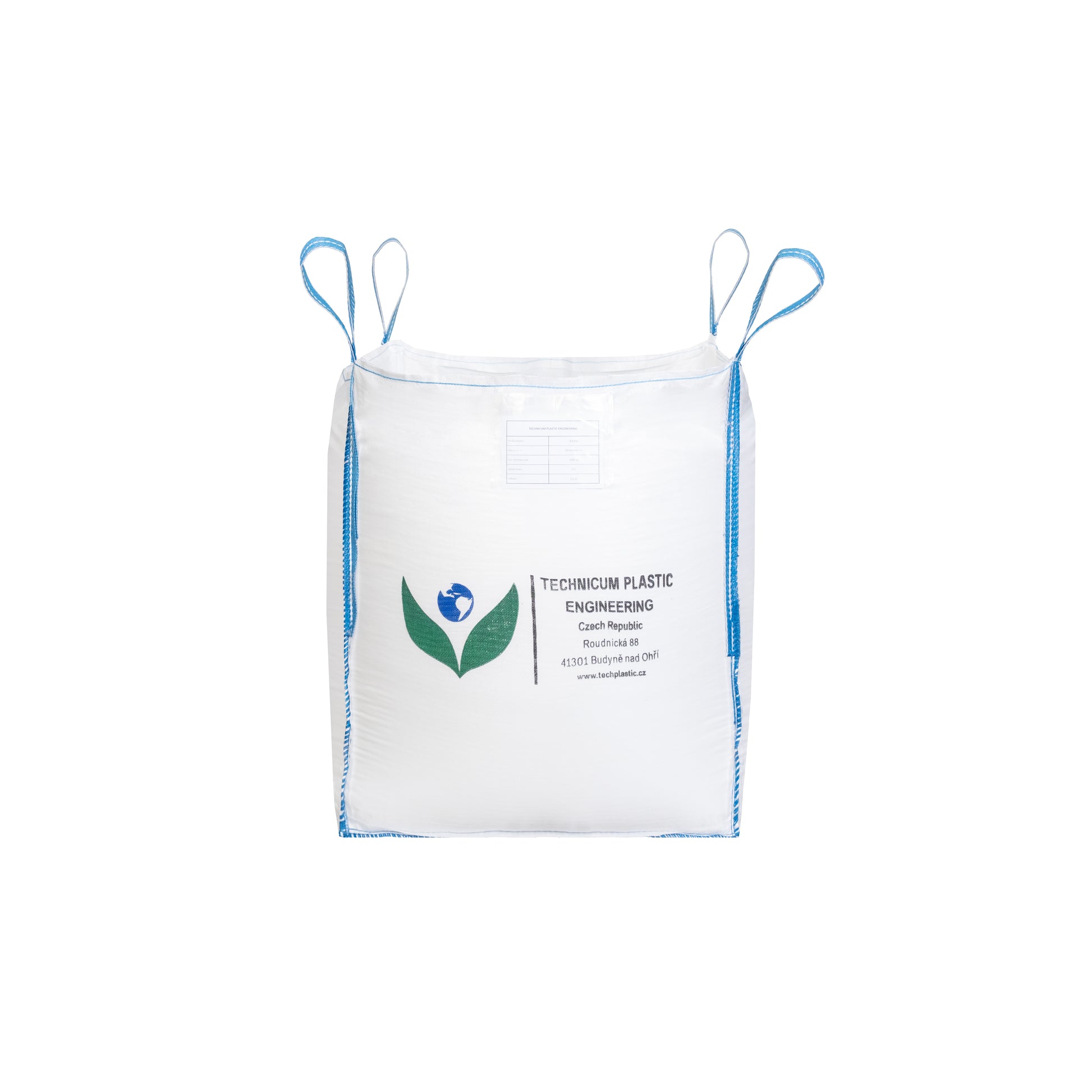 Velkoobjemový vak Big Bag 90 x 90 x 100cm, otevřený s rovným dnem, vyrobený z odolného polypropylenového materiálu s modrými úchyty pro snadnou manipulaci.