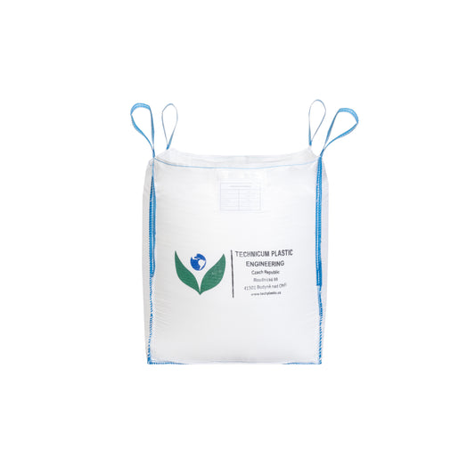Velkoobjemový vak Big Bag 90 x 90 x 100cm, otevřený s rovným dnem, vyrobený z odolného polypropylenového materiálu s modrými úchyty pro snadnou manipulaci.