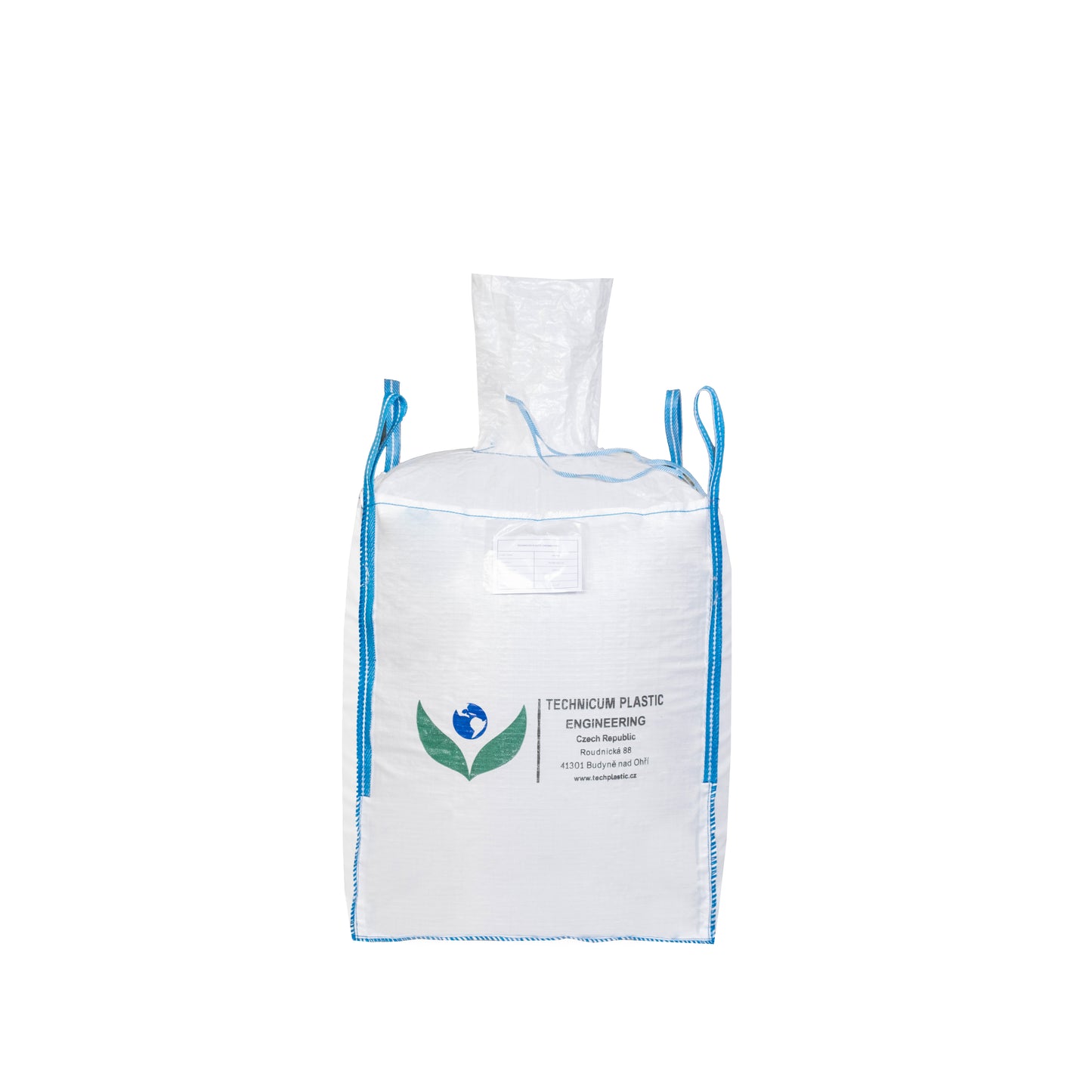 Velkoobjemový vak Big Bag: 90 x 90 x 110cm, vrch násypný rukáv, dno výsypný rukáv s modrými popruhy a logem Technicum Plastic Engineering.