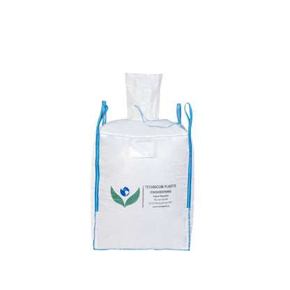 Velkoobjemový vak Big Bag: 90 x 90 x 110cm, vrch násypný rukáv, dno výsypný rukáv s modrými popruhy a logem Technicum Plastic Engineering.