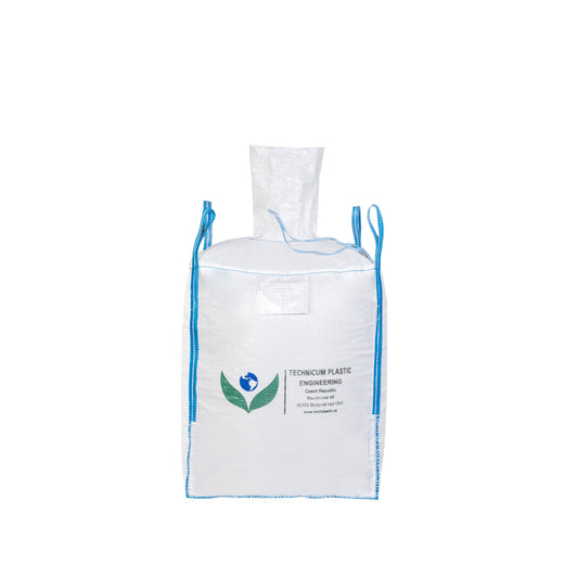 Velkoobjemový vak Big Bag: 90 x 90 x 110cm, vrch násypný rukáv, dno výsypný rukáv s modrými popruhy a logem Technicum Plastic Engineering.