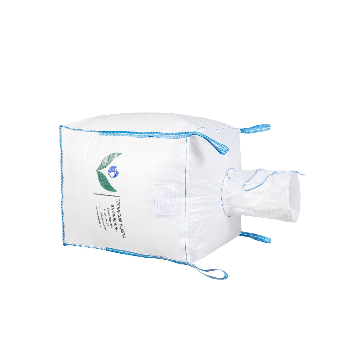 Velkoobjemový vak Big Bag: 90 x 90 x 110cm s vrchem násypným rukávem a dnem výsypným rukávem, vyrobený z odolného polypropylenového materiálu s pevnými uchyceními.