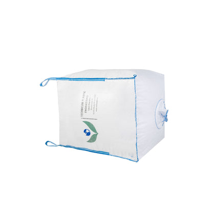 Velkoobjemový vak Big Bag: 90 x 90 x 110cm, vrch násypný rukáv a dno výsypný rukáv s modrými popruhy pro snadnou manipulaci a pevnou konstrukcí z polypropylenového materiálu.