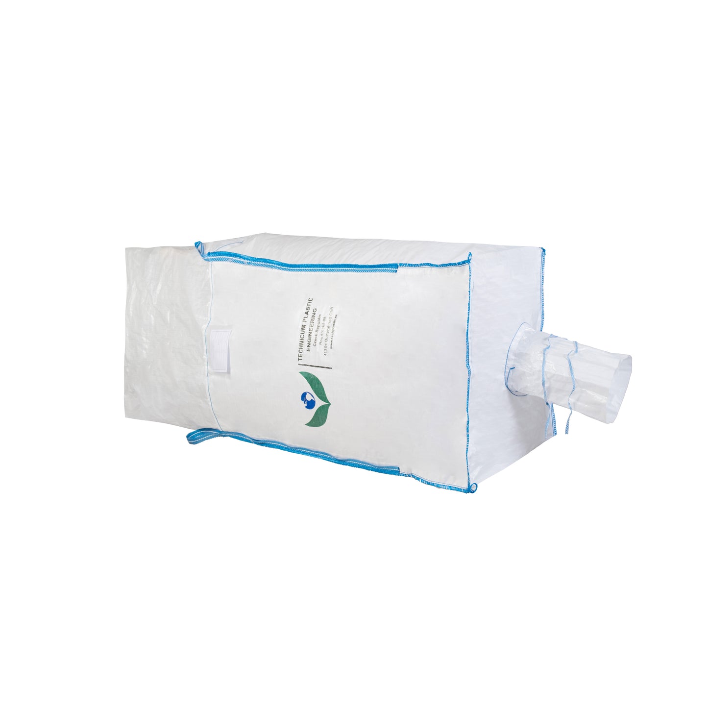 Velkoobjemový vak Big Bag: 90 x 90 x 120cm s celooteviratelnou zástěrou a výsypným ventilkem ve dně, vyrobený z pevného polypropylenového materiálu pro bezpečné skladování a přepravu.