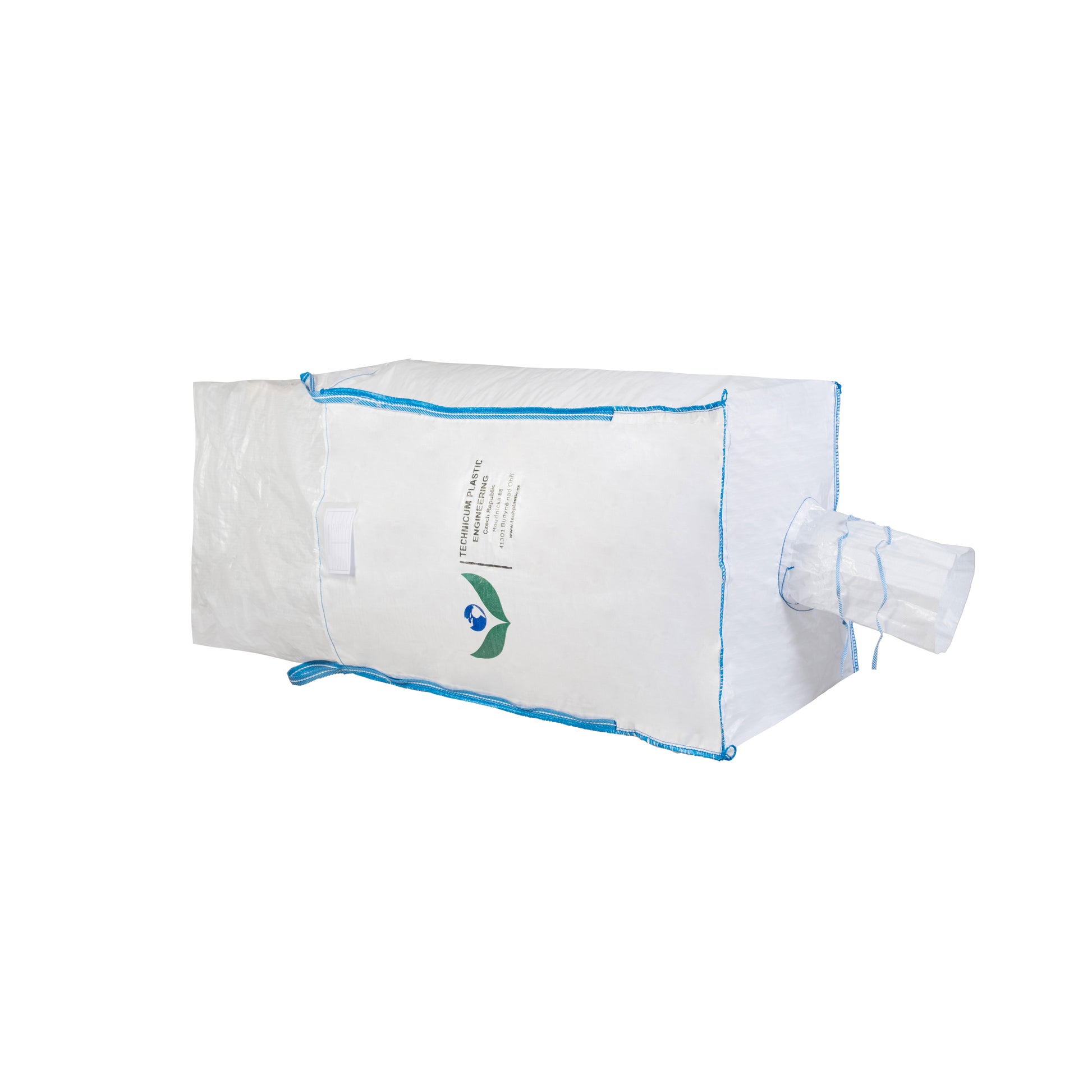 Velkoobjemový vak Big Bag: 90 x 90 x 120cm s celooteviratelnou zástěrou a výsypným ventilkem ve dně, vyrobený z pevného polypropylenového materiálu pro bezpečné skladování a přepravu.