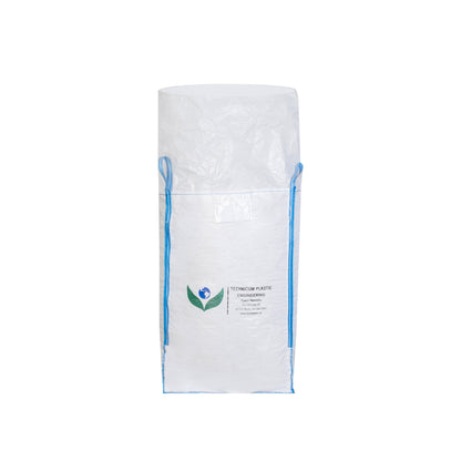 Velkoobjemový vak Big Bag: 90 x 90 x 160cm, vrch celooteviratelná zástěra, dno výsypný ventil z bílého polypropylenového materiálu s modrými popruhy a logem Technicum Plastic Engineering.