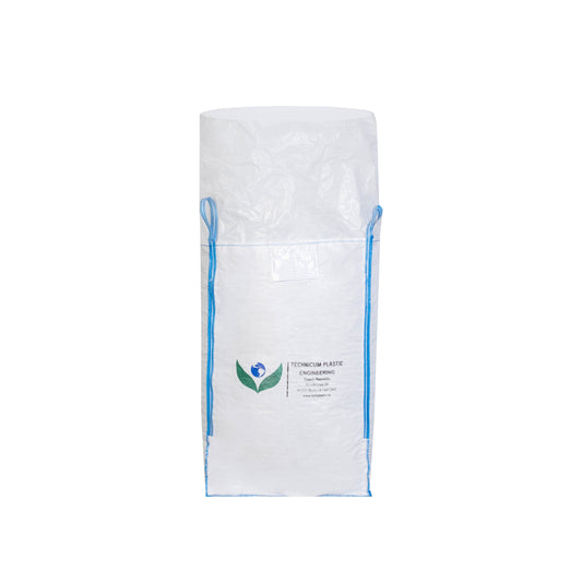 Velkoobjemový vak Big Bag: 90 x 90 x 160cm, vrch celooteviratelná zástěra, dno výsypný ventil z bílého polypropylenového materiálu s modrými popruhy a logem Technicum Plastic Engineering.