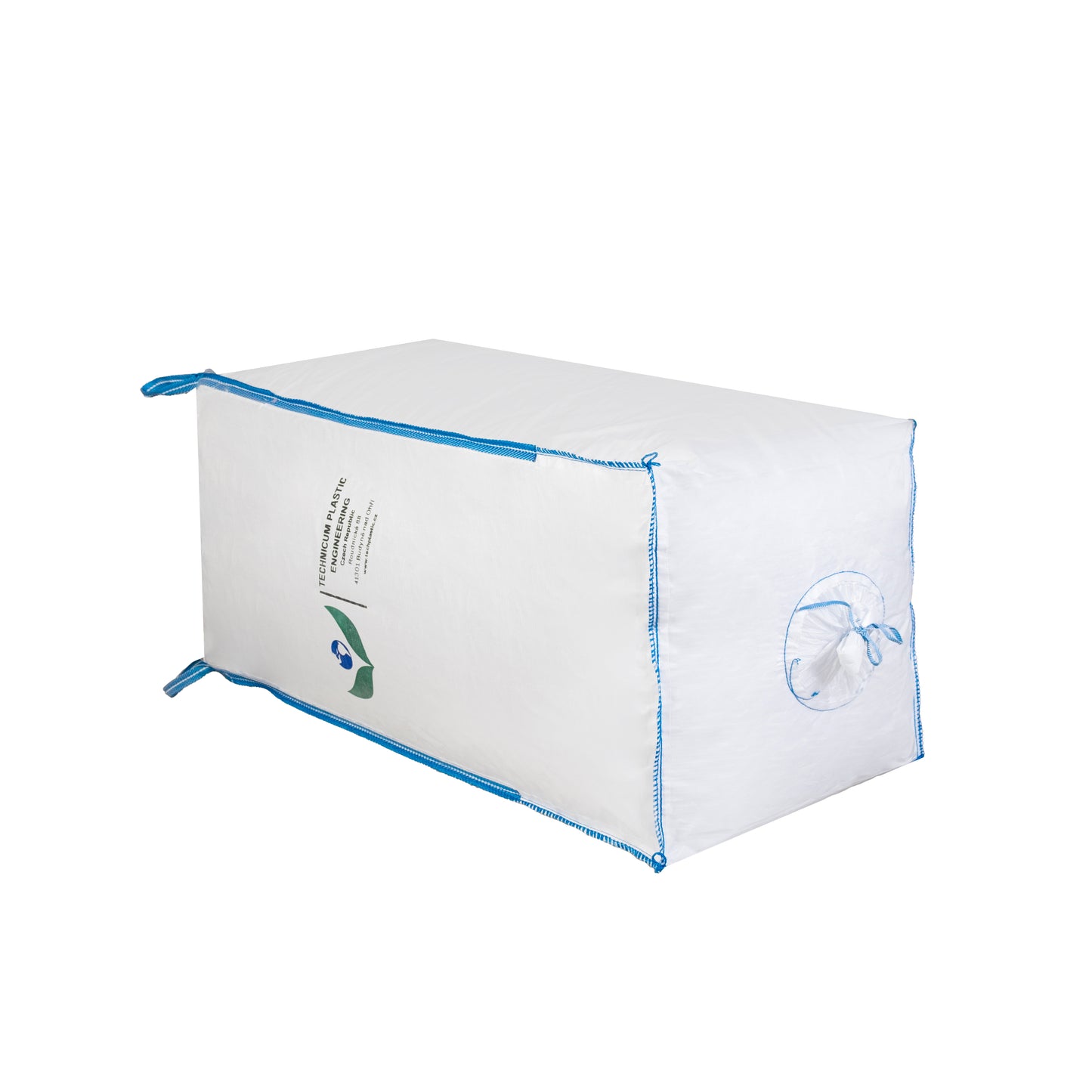 Velkoobjemový vak Big Bag: 90 x 90 x 200cm, vrch násypný rukáv, dno výsypný rukáv, bílý průmyslový vak s modrým lemováním vhodný pro skladování a přepravu materiálů