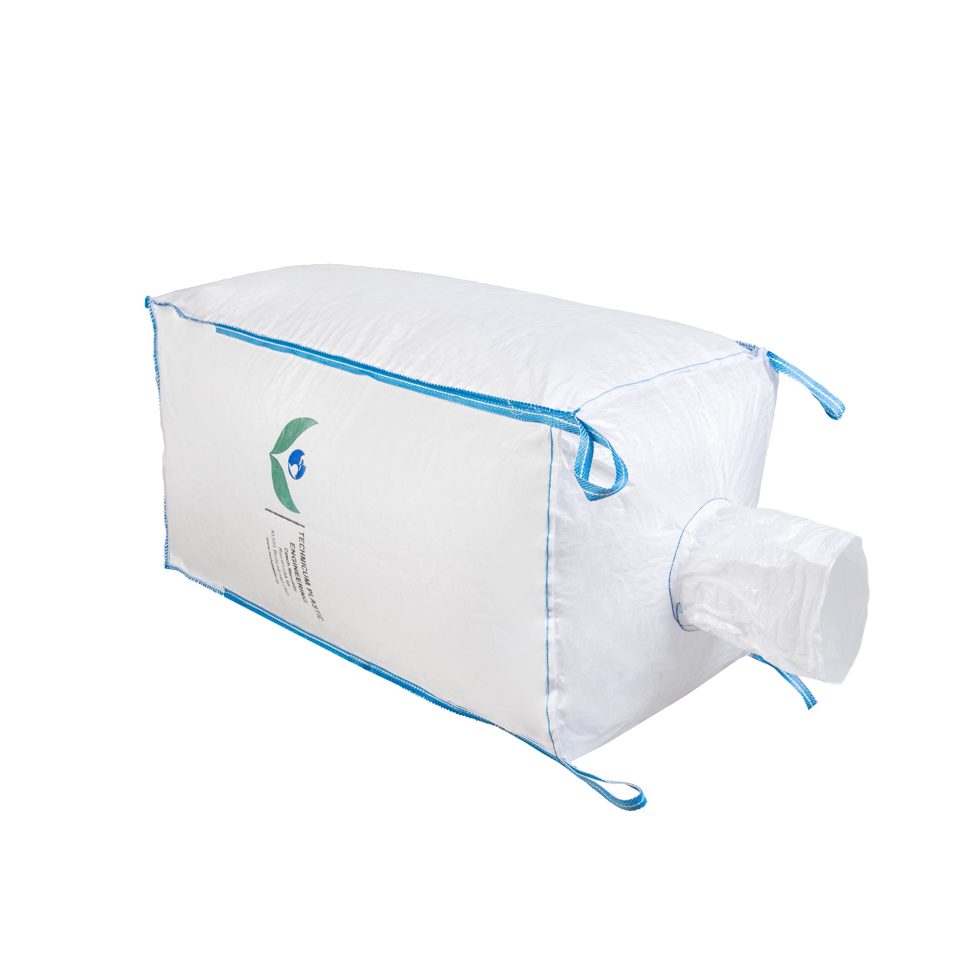 Velkoobjemový vak Big Bag: 95 x 95 x 200cm, vrch násypný rukáv, dno výsypný rukáv vyrobený z odolného materiálu s modrými oky pro snadnou manipulaci.
