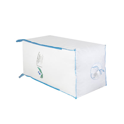 Velkoobjemový vak Big Bag: 95 x 95 x 200cm, vyrobený z polypropylenového materiálu s vrchem násypným rukávem a dnem výsypným rukávem, ideální pro skladování a manipulaci s velkým objemem.