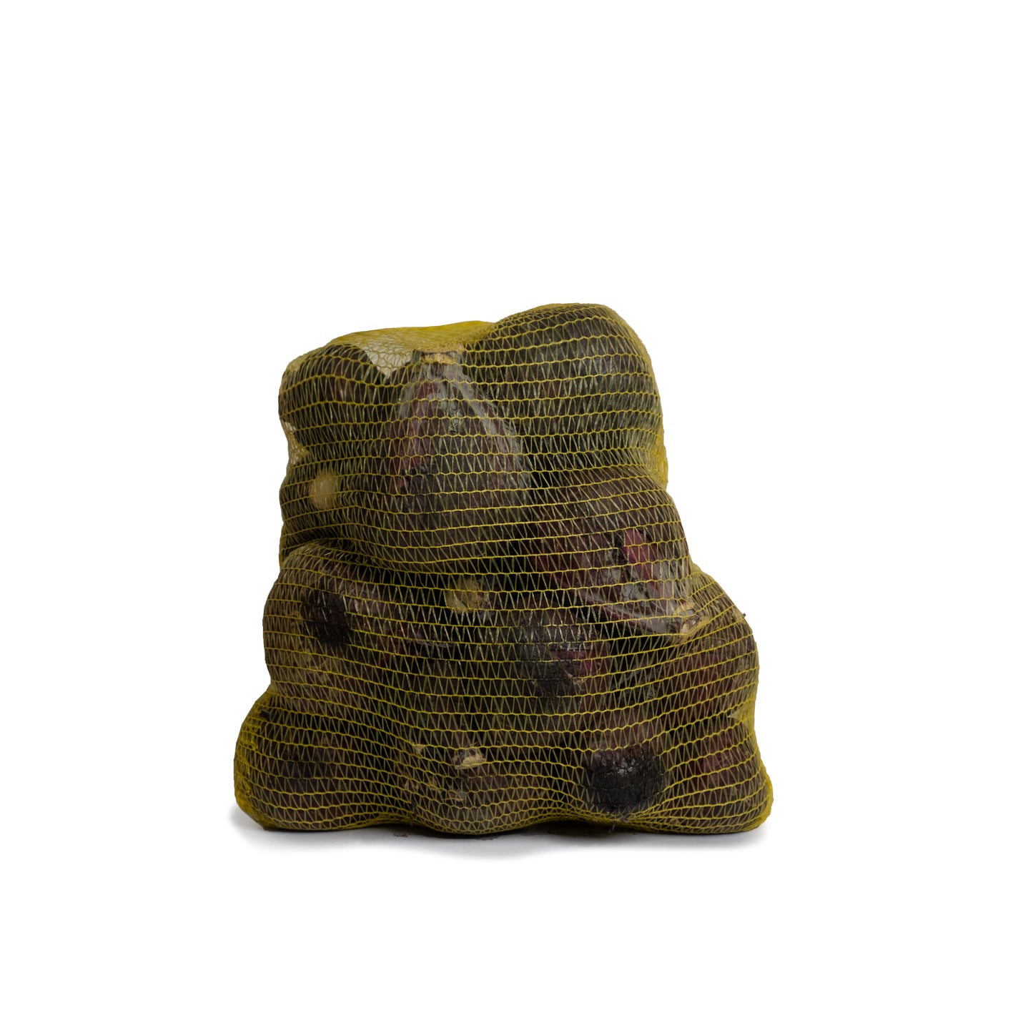 Rašlový pytel 10 kg | 40 x 62 cm plný brambor v žluté síťce vhodný pro skladování a transport zemědělských produktů.