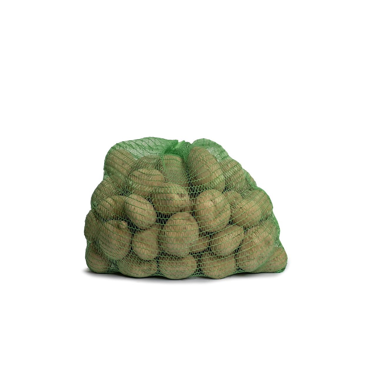 Rašlový pytel 5 kg | 30 x 52 cm zelené barvy plný brambor, vysoce odolný polypropylenový pytel vhodný pro skladování a přepravu zemědělských produktů.