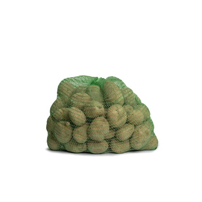 Rašlový pytel 5 kg | 30 x 52 cm zelené barvy plný brambor, vysoce odolný polypropylenový pytel vhodný pro skladování a přepravu zemědělských produktů.